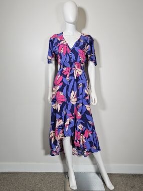 Abel the Label Floral V-Neck High-Low Dress in Navy, Pink & Cream Sz XS